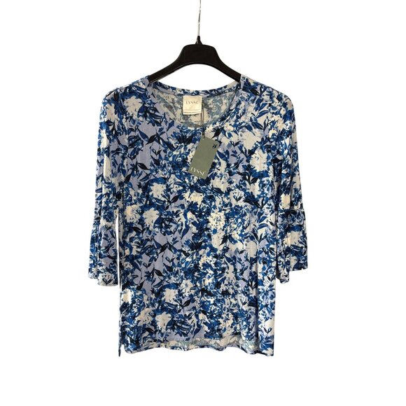 Lyssé Womens Indigo Floral 3/4 Sleeve Top Size S Blue White New - Picture 1 of 5